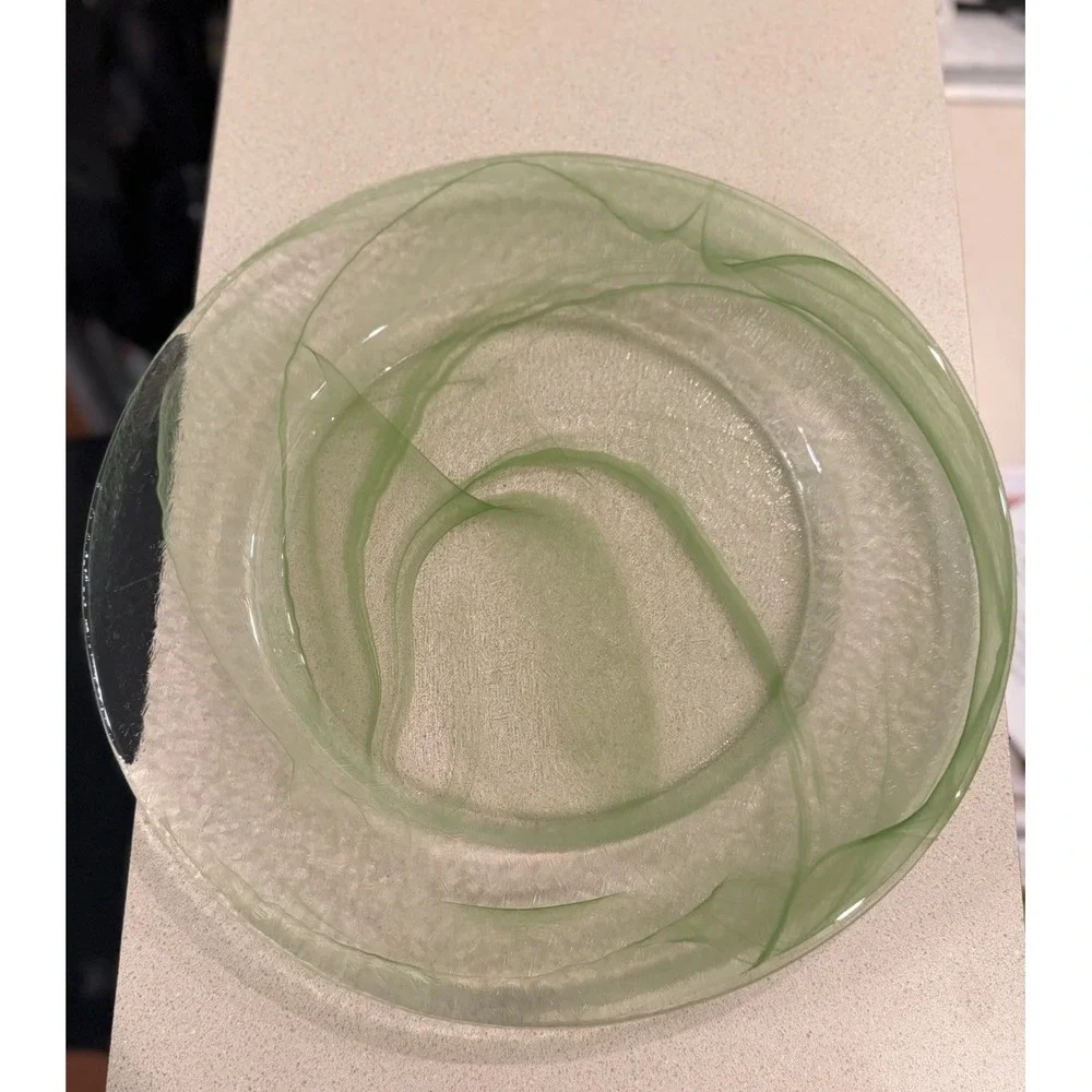 1 LVB1 Green Swirl Charger Service Plater Plate Blown Glass Vintage MCM Art Deco